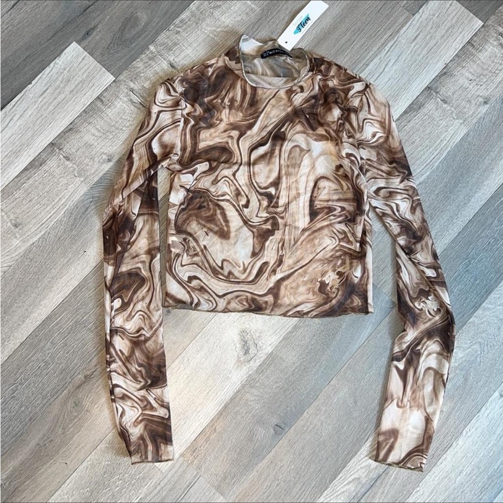 NWT Brown swirl print mesh long sleeve top Size S